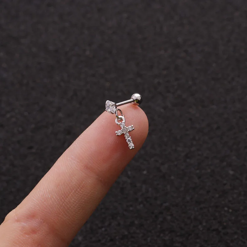 1 PCS Cute Micro Pave CZ Cross Drop Ear Bone Clip Cuff Earring Women Men Classic Zircon Copper Piercing Steel Bar Ear Jewelry