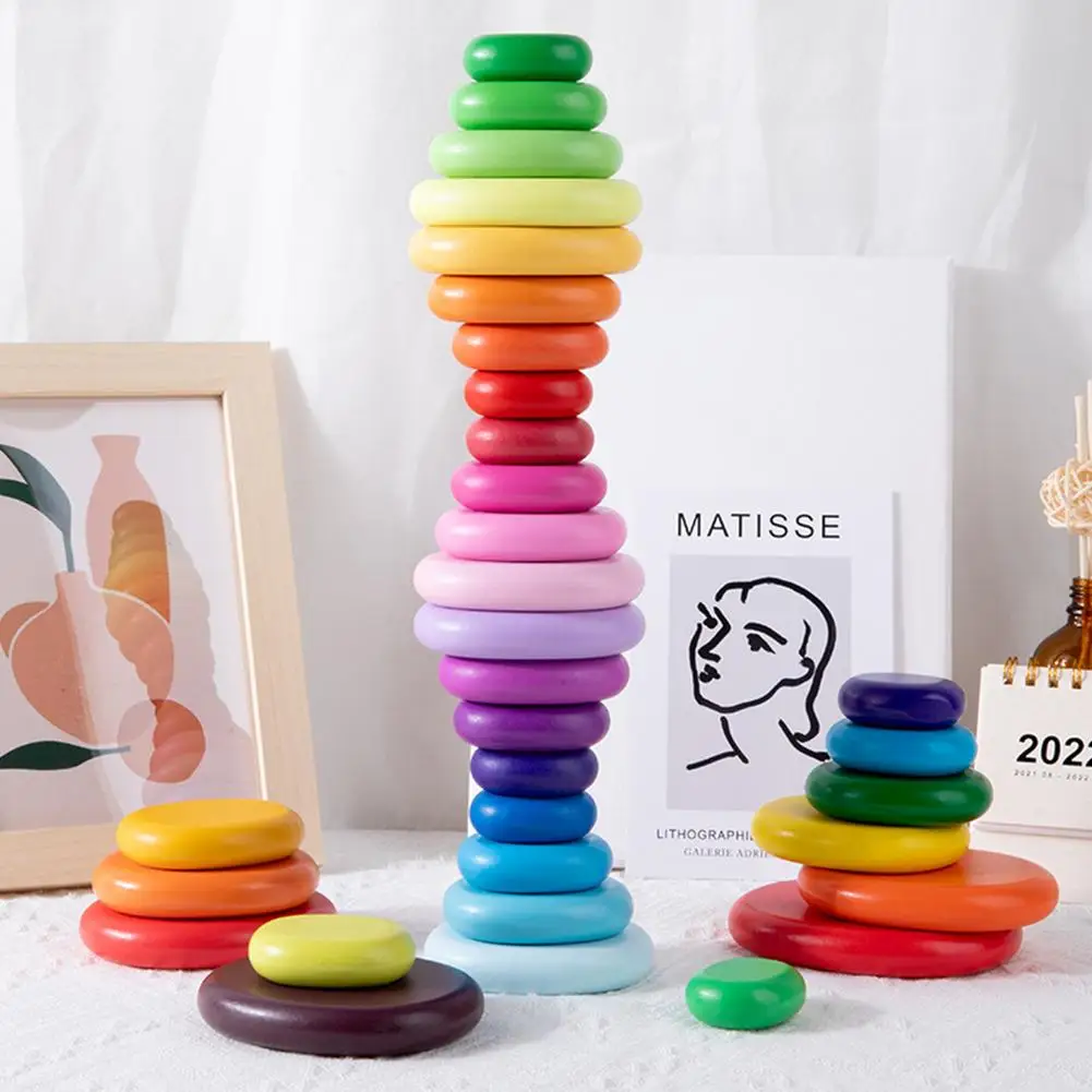 Piedras apilables de madera multicolor, bloques de equilibrio, arcoíris, juguetes de construcción, juego de rompecabezas Montessori