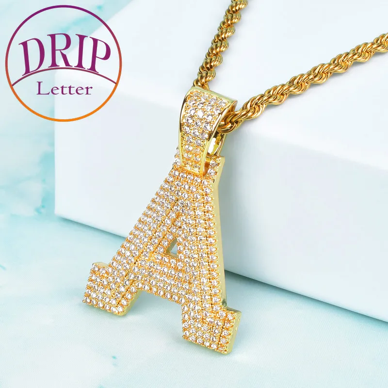 A-Z Single Bubble Letters Cubic Zirco Pendant With Rope Chain Gold Color Men Women Hip Hop Necklace Jewelry