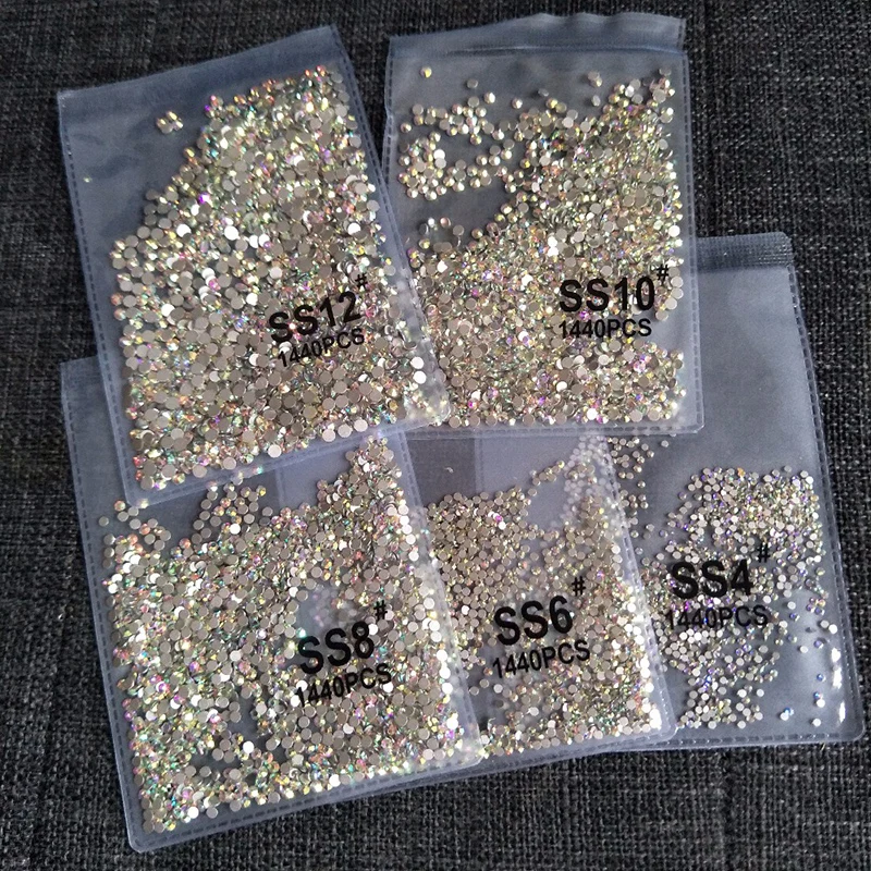 1440pcs Flatback Nail Crystals Rhinestones for Nails 3D Nail Art Decorations SS3-SS12 DIY Glass Gems Stones AB Clear Rose Gold