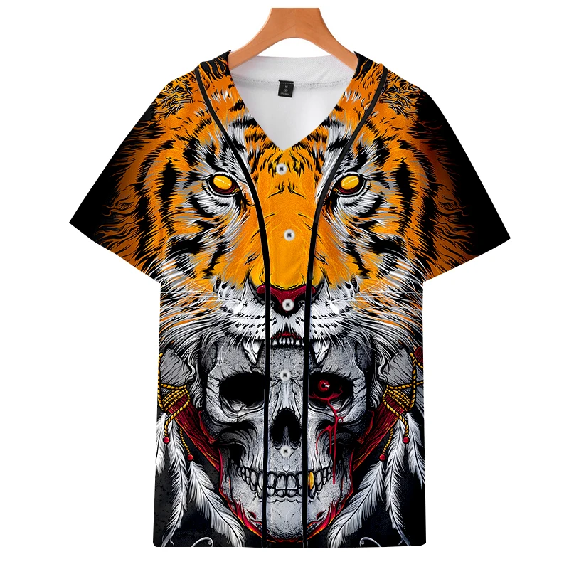 

LCFA Unisex Short Slim Fit 3D Printed Horror Blood Hip HopTiger skull Oversized 4XL Tops Tees Man Autumn Baseball Shirt