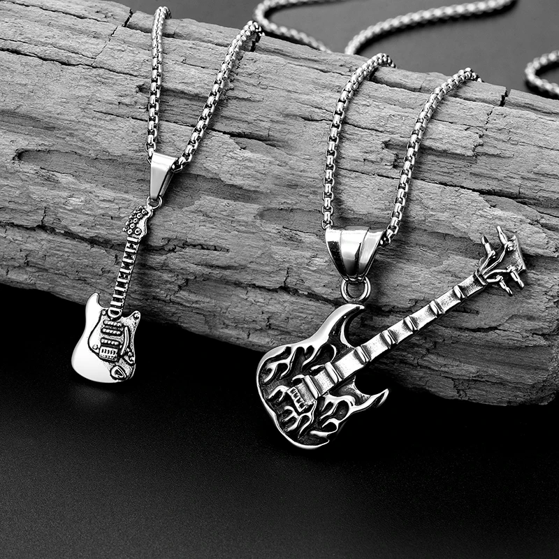 Male Classic Stainless Steel Casting Guitar Pendants Necklace For Men woman‘s Hip Hop Rock Pendants Sweater chain Halloween Gift