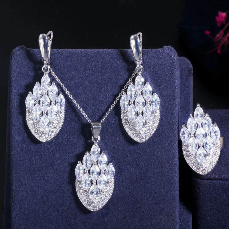 CWWZircons Künstlerischer Vintage Zirkonia Schmuck Bunter CZ Großer Tropfen Ring Anhänger Halskette Ohrring Set für Damen Großhandel T0009 – Detail 5