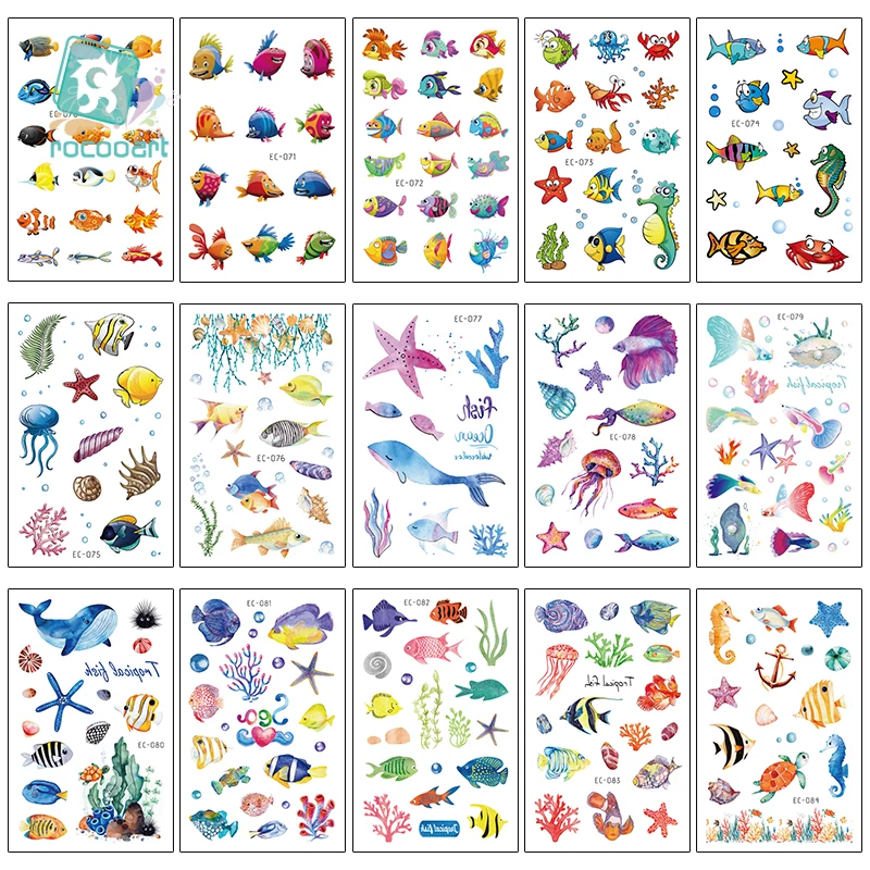 Rocooart 15Pcs Tattoo Sticker Cartoon Tatuajes Temporary Kids Fake Tatoo Taty Tropical Fish Design Body Art Tatouage