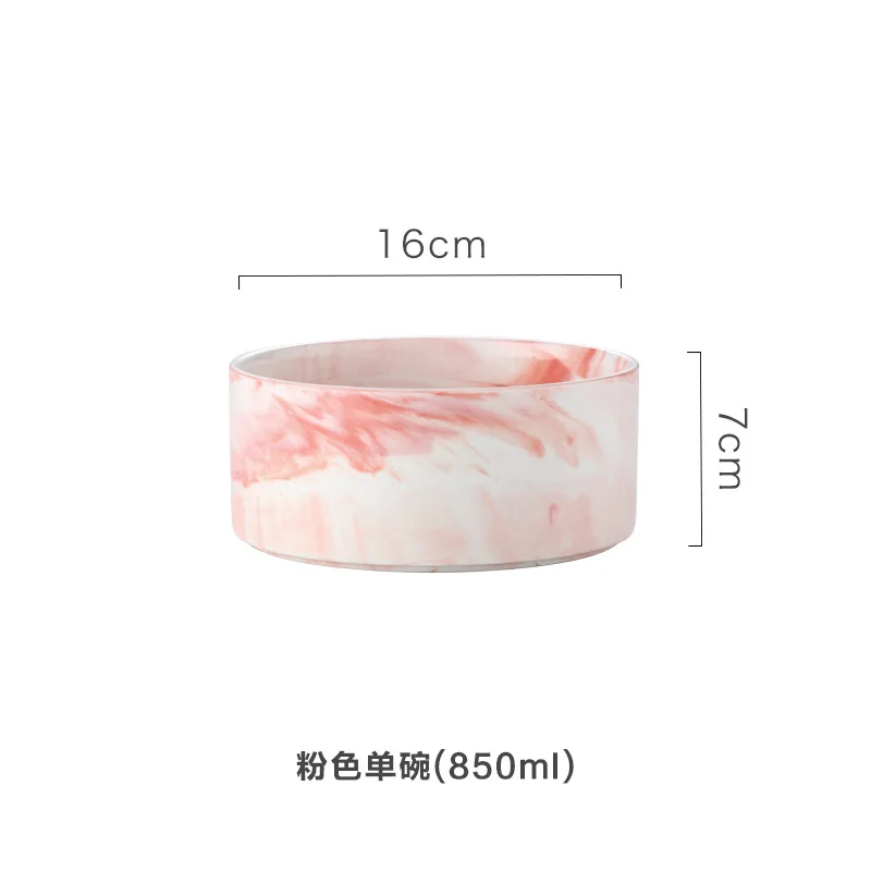 Nordic Marble Ceramic Bowl with Bamboo Rack Holder, Stackable Large Salad Fruit Dessert Bowl, Cat and Pets Dinnerware, 850ml