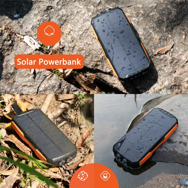 Portátil de energia solar carregador dual usb tipo c impermeável sos led luz powerbank para iphone 15 14 ipad telefone móvel 25000mah