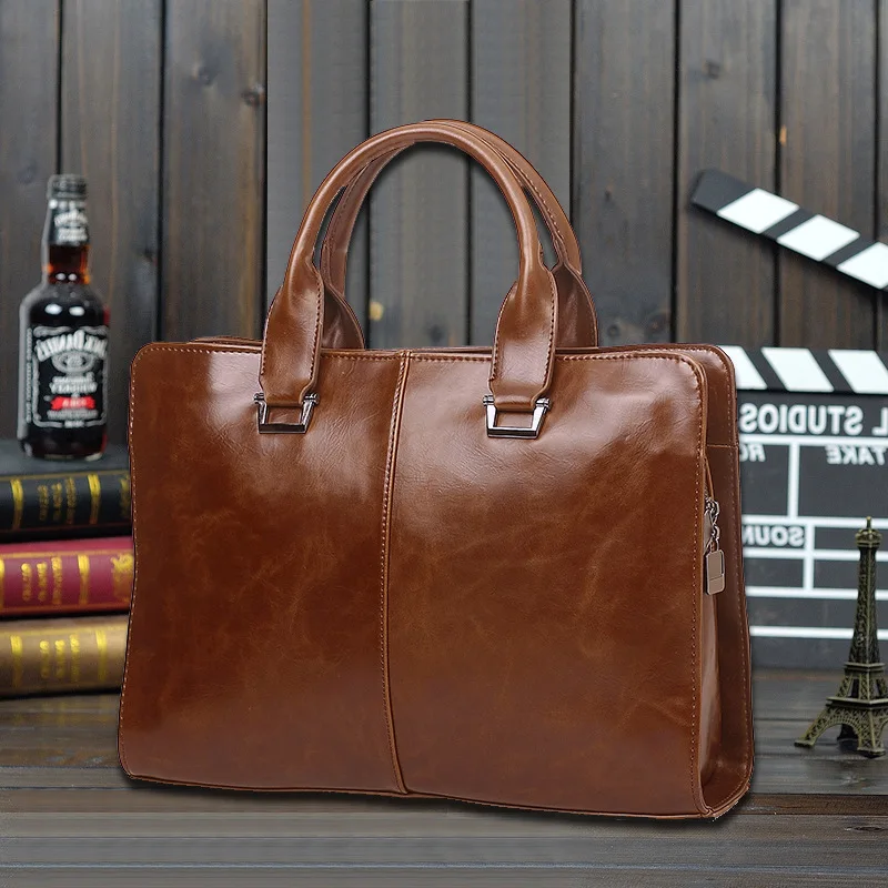 Men\'s Business office Briefcase Computer Laptop Handbag male Top PU Leather Tote man Large Solid Shoulder bags Black Vintage bag