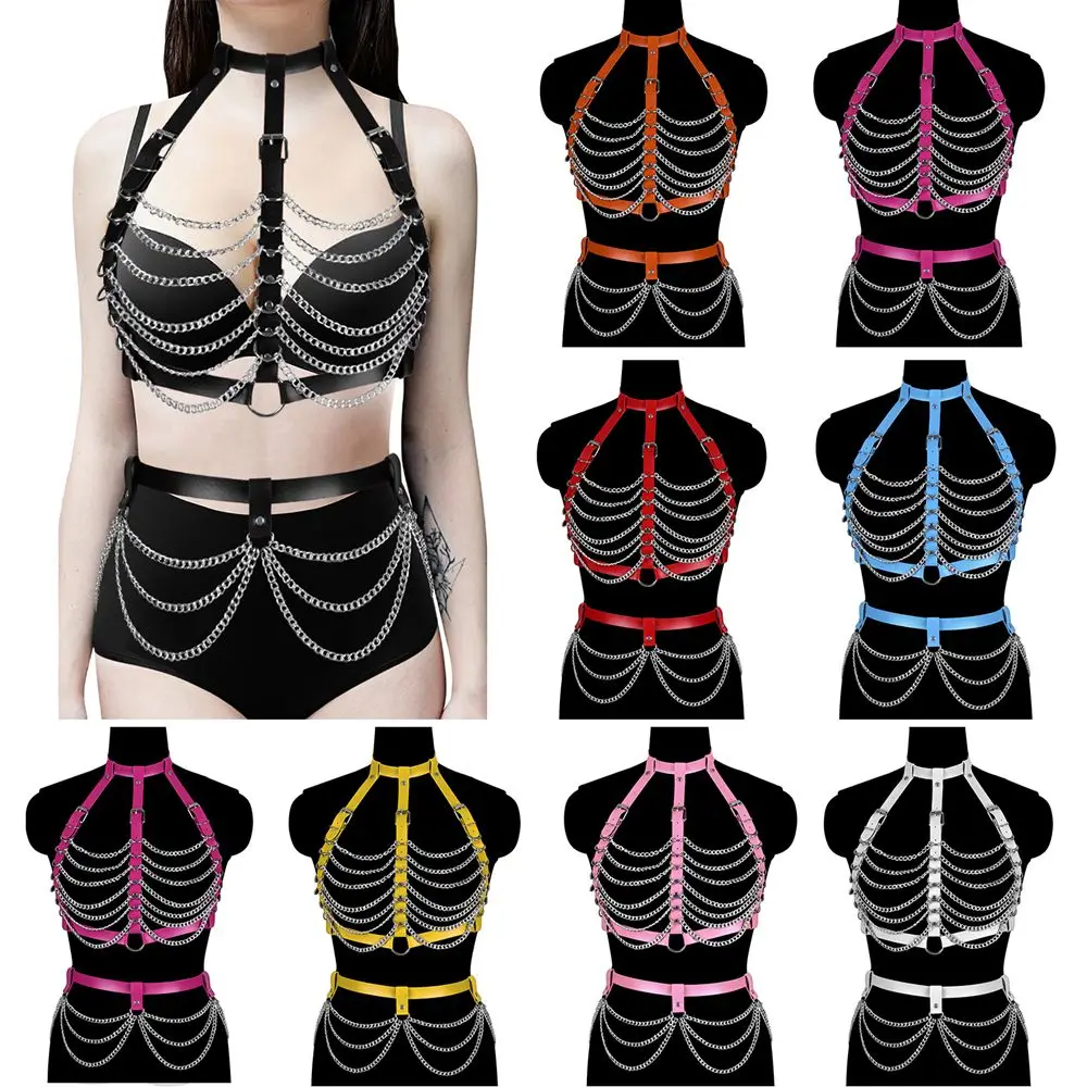 

Set Sexy Underwear Harness Body Seductive Woman Metal Chain Accessory Pole Dance Costume Goth Punk Strap Adjustment Leather Size