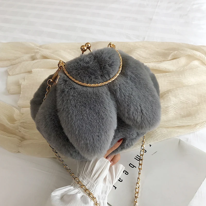 Faux Fur Bag Women Winter Chains Rabbit Shaped Kawaii Girls Princess Trendy Furry Plush Crossbody Bags All-match Casual Soft Ins