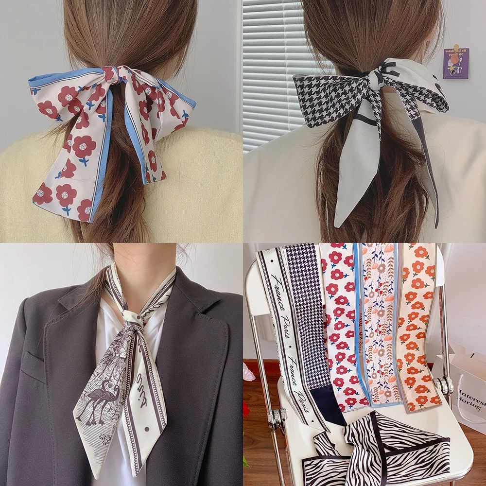 Vintage fashion silk scarf long French scarf hair belt woman tie hair silk headdress sweet spring and autumn scarf shirt suit ne