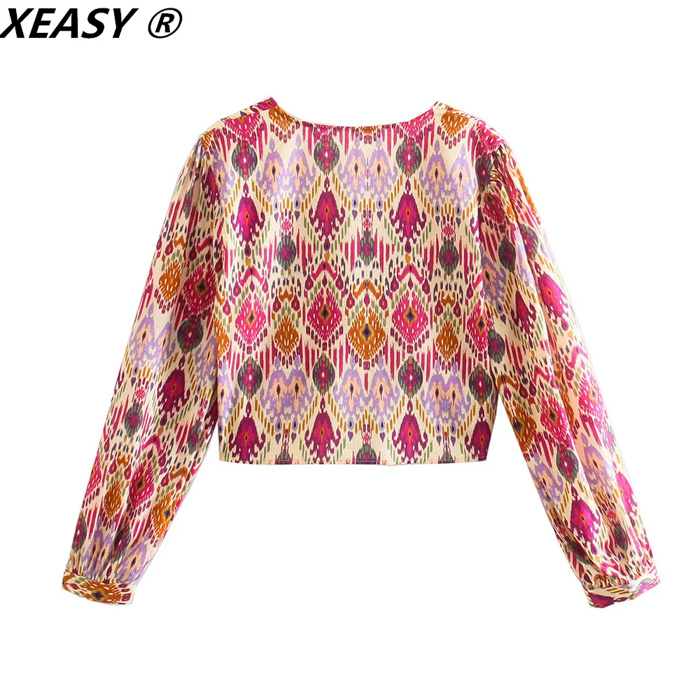 XEASY 2021 Women Two-Piece Set Sexy V-Neck Knotted Print Short Top Vintage High Waist Side Bow Shorts Skirts Female Fashion Sets