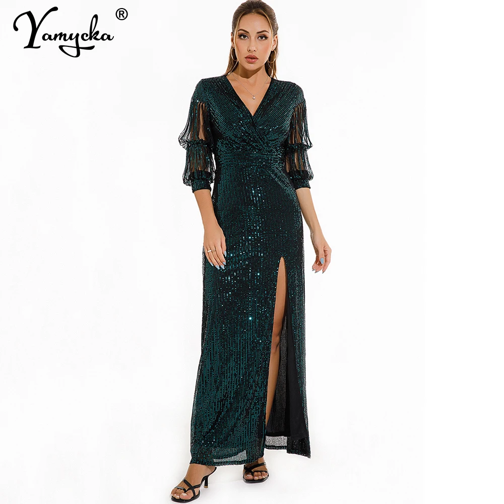 Robe Maxi Vintage à Paillettes Vertes pour Femme, Élégante, Moulante, Longue, de Soirée, de Mariage, de Noël, Éducative, HL, Été