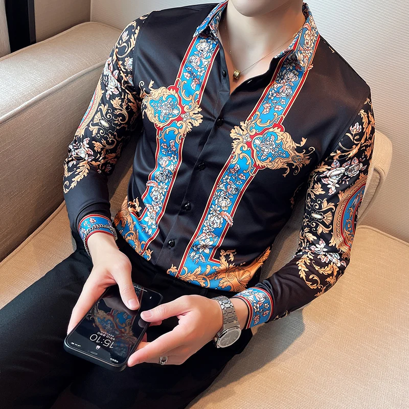 Brand Designer Men Floral Shirt Dress Luxury Paisley Print Long Sleeve Casual Shirts Blouse Homme Fashion Baroque Mens Clothing