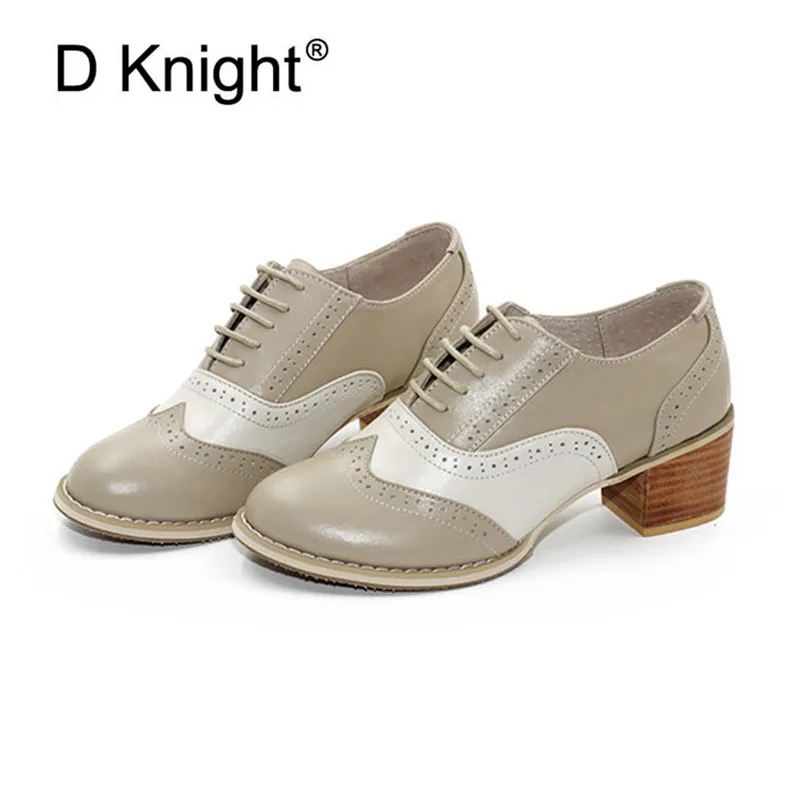 

Retro Oxfords Women Pumps Shoes Top Brand Genuine Leather Wingtip Round Toe Lace-up Brogues Shoes Pumps Women Handmade Plus Size