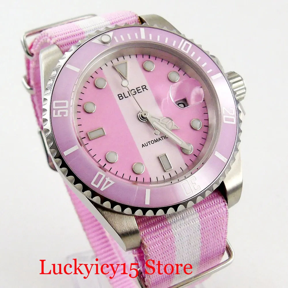 Imagem -02 - Simples Estilo Esporte 40 mm Automático Relógio Masculino Rosa Cor Branca Safira Vidro Cerâmica Bezel Miyota Movimento Alça de Náilon