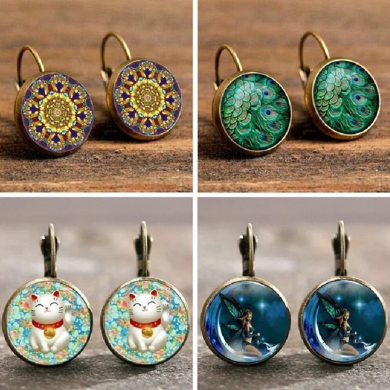 Unicorn Peacock Feather Eight Planets Mandala Floral Earrings for Women Time Glass Gem Ear Hook Gothic Stud Jewelry Girl Gifts