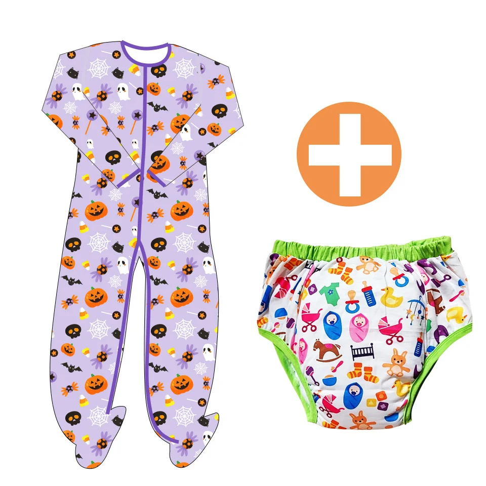 2pcs Purple Candy Pumpkin printed bodysuit with foot /adult onesie/ Waterproof Cotton Adult Training Pants Reusable ddlg diaper