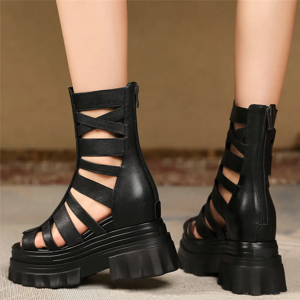 Wedges Gladiator Sandals Women Black White Cow Leather Platform Pumps Female High Top High Heel Fashion Sneakers Casual Shoes