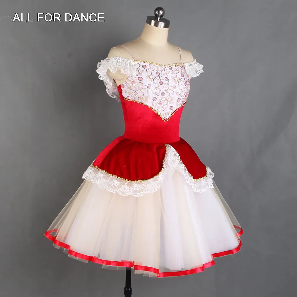 21019 الفتيات راقصة الباليه زي خارج الكتف طويل الباليه الرقص تنورات قصيرة الأحمر المخملية صد رومانسية توتو تنورة #2