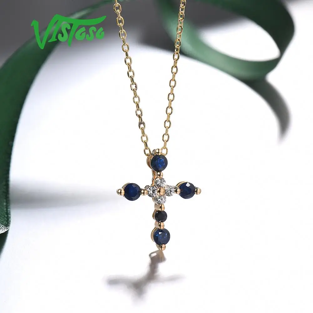 VISTOSO Gold Pendants For Women Authentic 14K 585 Yellow Gold Cross Pendant Blue Sapphire White Sapphire Elegant Fine Jewelry images - 6