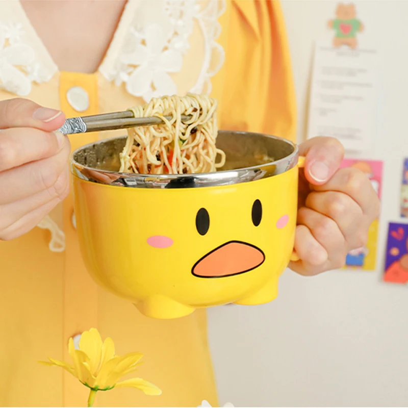 Kawaii Duck Ramen Noodles Bowl With Lid Cute Stainless Steel Kitchen Fruit Instant Salad Rice Soup Double-layer Bowl Tableware