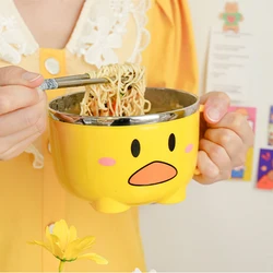 Kawaii Duck Ramen Noodles Bowl With Lid Cute Stainless Steel Kitchen Fruit Instant Salad Rice Soup Double-layer Bowl Tableware