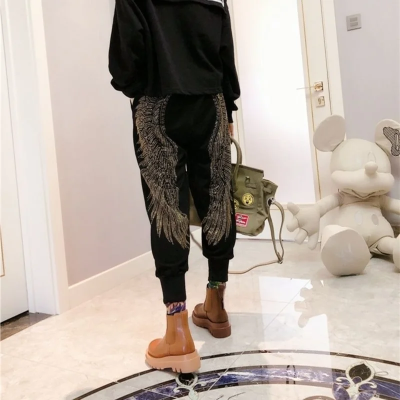 Harem Pants Womens Rhinestone Wings Golden Silver Streetwear Female Fashion Harajuku Pants Radish Loose Casual Sports Sweatpants