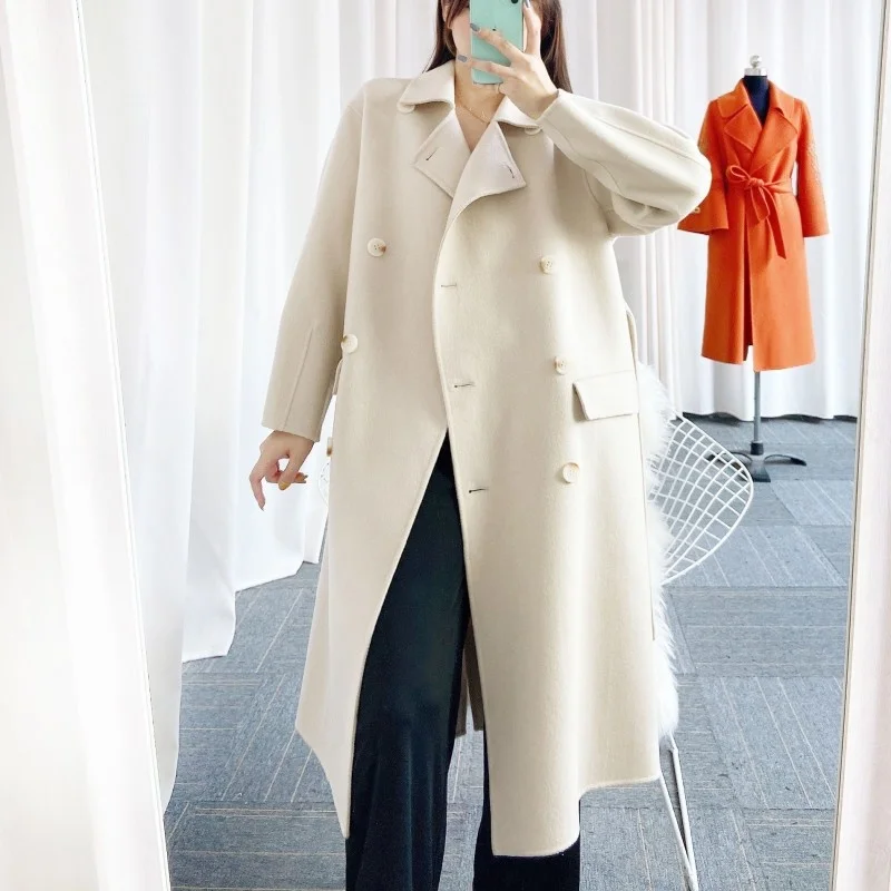 

Turn-Down Vintage Collar Double Breasted Wool Coat Women Solid Color Loose Windbreakers Winter Overcoat Office Ladies Outerwear