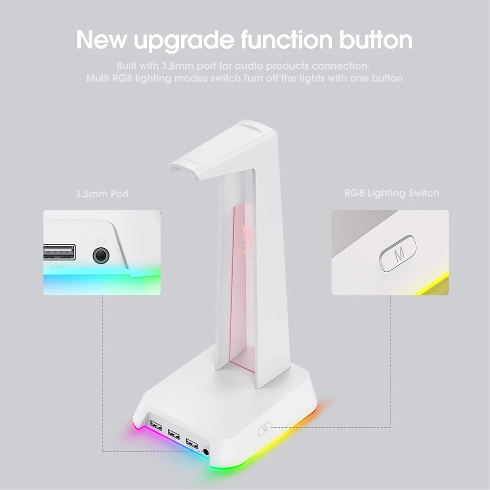 RGB Gaming Headphone Stand ONIKUMA ST2 Computer Headset Stand Holder Desktop Display Luminous with 3 USB and 3.5mm AUX Ports