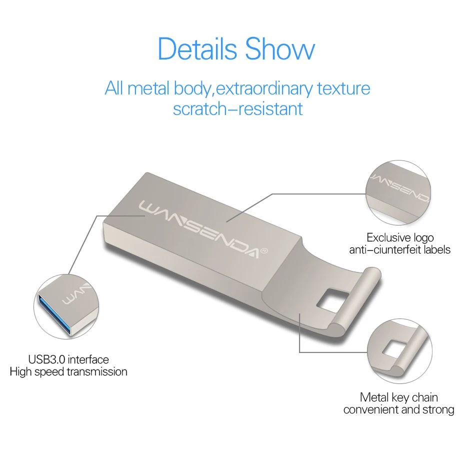 WANSENDA-unidad Flash USB de Metal, Pendrive de 128GB, 64GB, 3,0 GB, 8GB, 16GB, 32GB