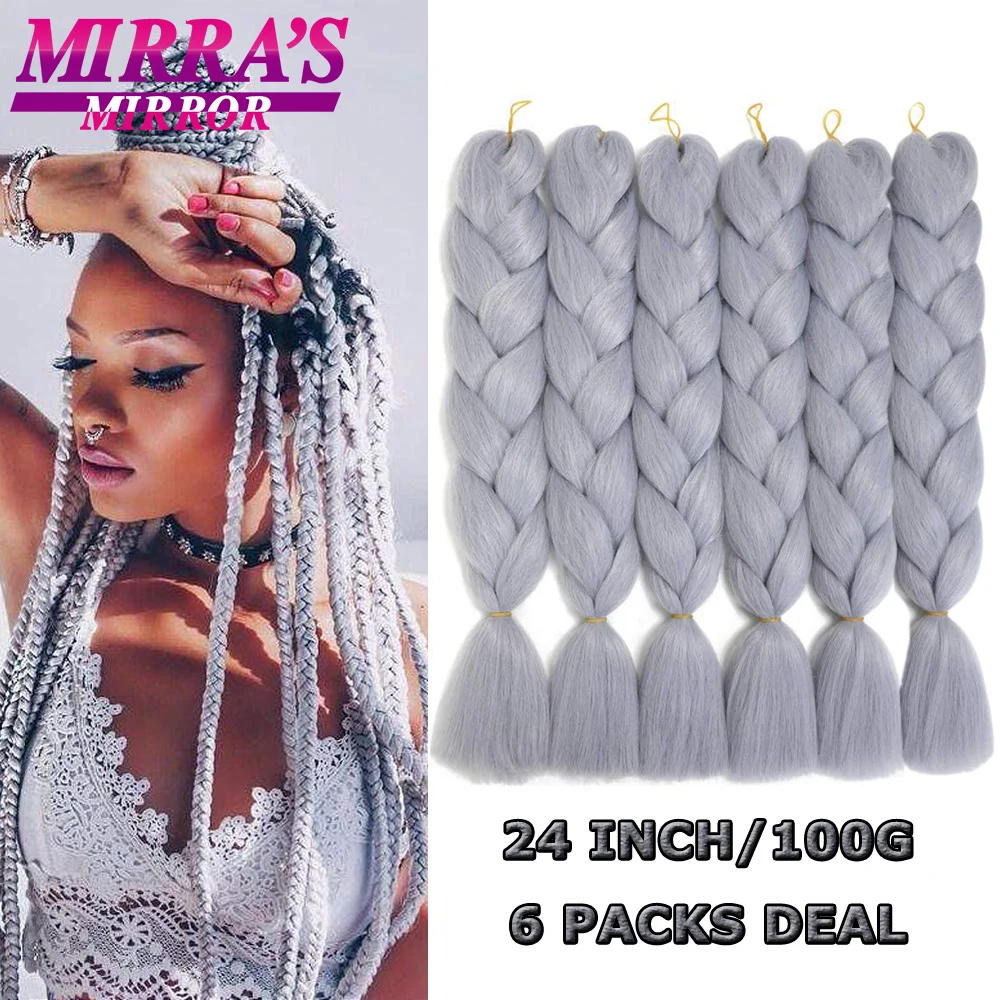 6 Bundle Braiding Hair 24 Inch Synthetic Jumbo Box Braids Afro Hair Extensions for Braids Pure/Ombre Color Silver Grey Fake Hair