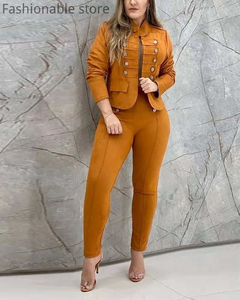 Women Casual Solid Color Long Sleeve Double Breasted Blazer and High Waist Pants 2pcs Set