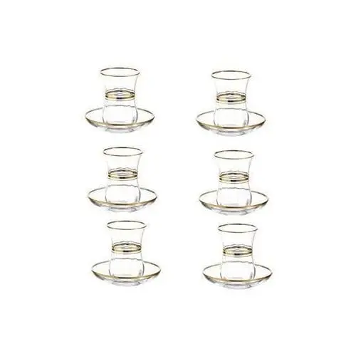 LAVA Elegant Turkish Tea Glasses and Saucers | With Gold Rim and Accents, 4 Ounce Cups with 4 Inch Plates, 12 Piece Set Includes