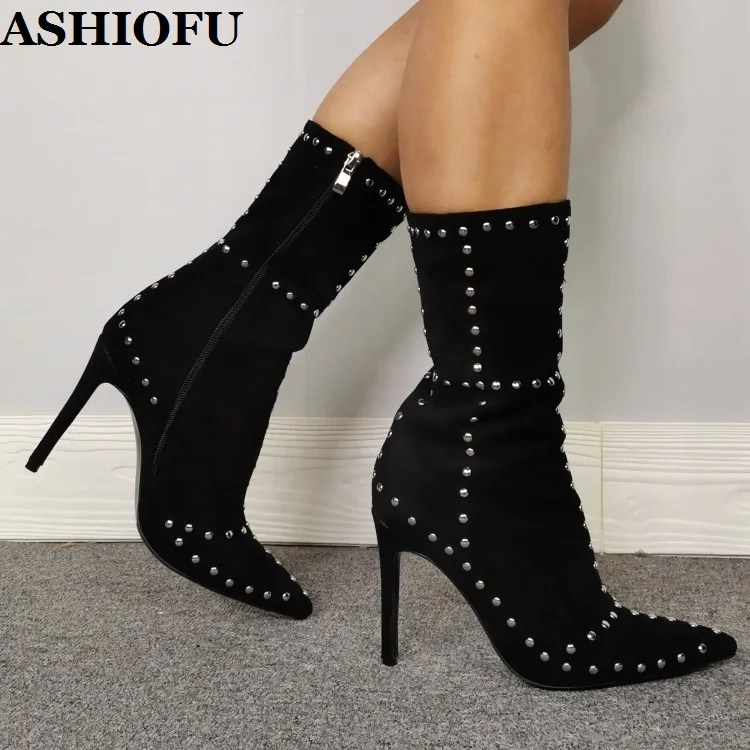 ASHIOFU 2020 New Handmade Ladies Boots Rivets Spikes High Heels Party Prom Ankle Booties Real Photos Evening Club Fashion Boots