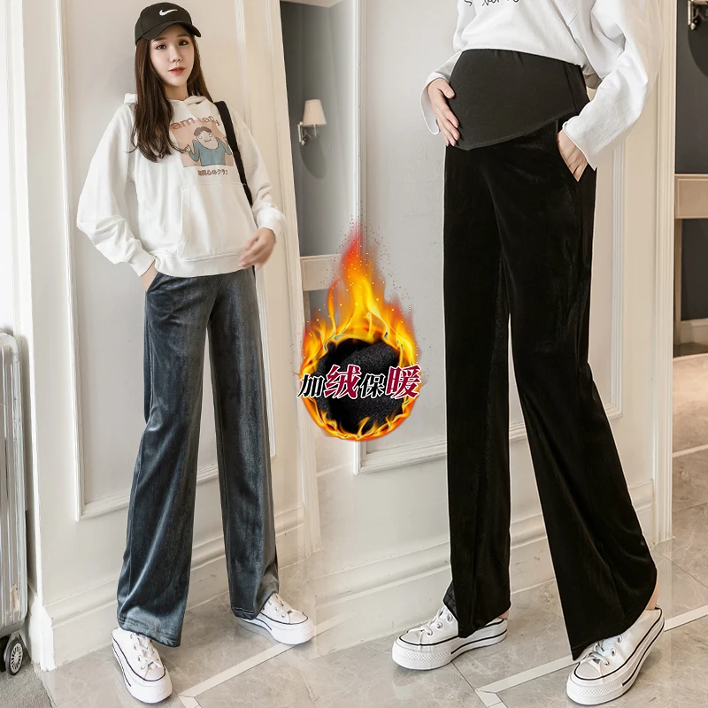 Pregnant women with velvet B wide-legged pants winter wear outside pleuche abdominal pants thickening slacks fashionable joker