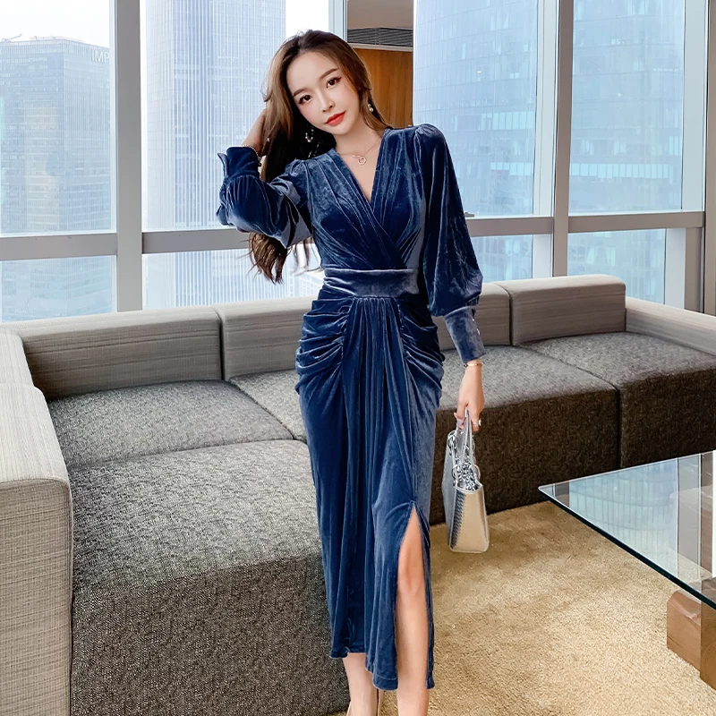 JSXDHK Elegant Women Sexy V Neck Sheath Dress 2021 New Autumn Winter Velvet Lantern Sleeve Blue Bodycon Split Party Midi Dresses