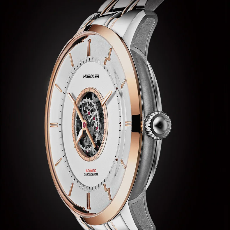 HANBORO Mens นาฬิกาอัตโนมัติหรูหรากันน้ําแฟชั่น Self Wind Mechanical นาฬิกาข้อมือ Double Side Hollow Out Dial