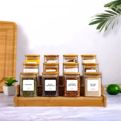 Square or Round Spice Glass Jars with Bamboo Lids and Labels, Food Storage Containers, Home Kitchen Accessories, 12Pcs Set