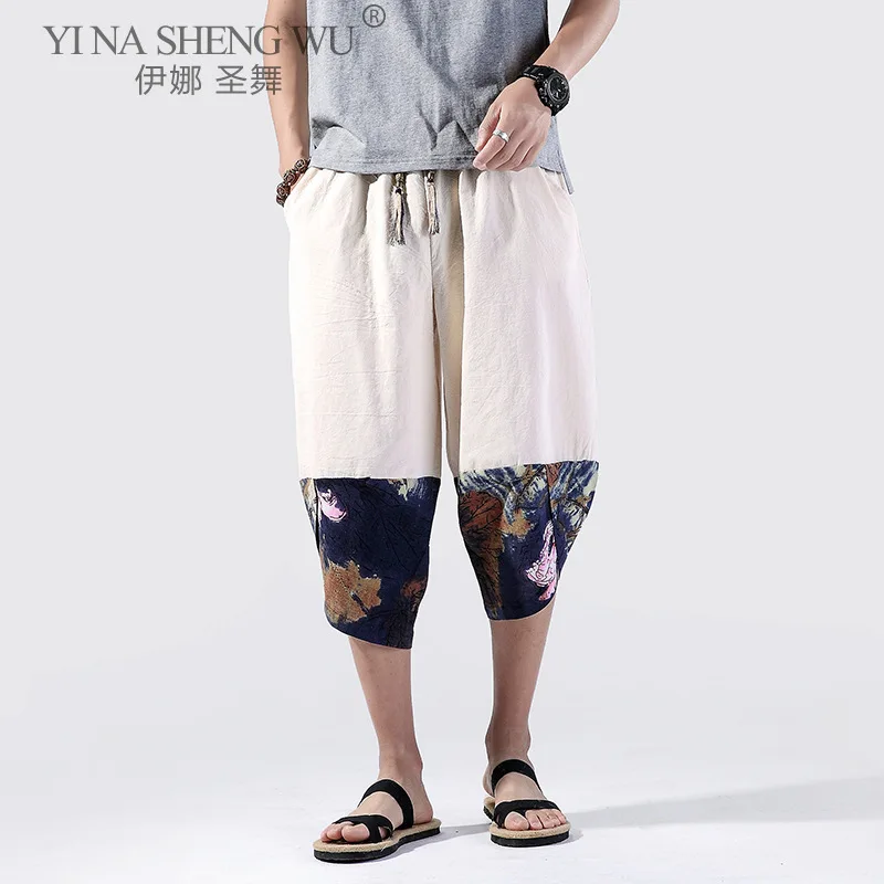 

Japanese Kimono Traditional Pants Men Asian Clothing Print Casual Loose Male Japan New Style Yukata Trousers Linen Cropped Pants