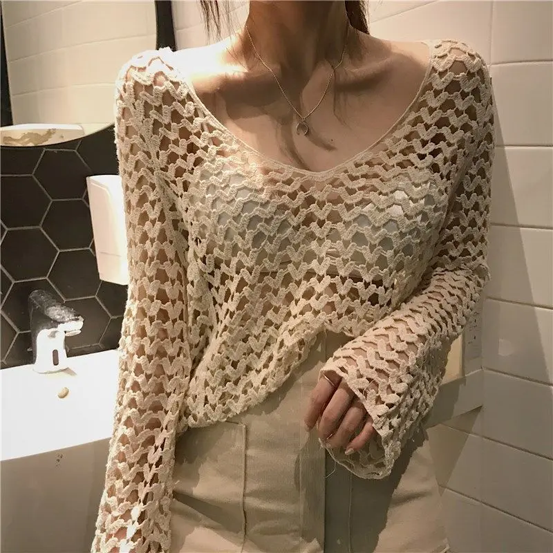 Shawl Summer Dress White Long Sleeve Top Hollow Mesh Mesh Shirt Knitted Blouse Lace Blouse for Women