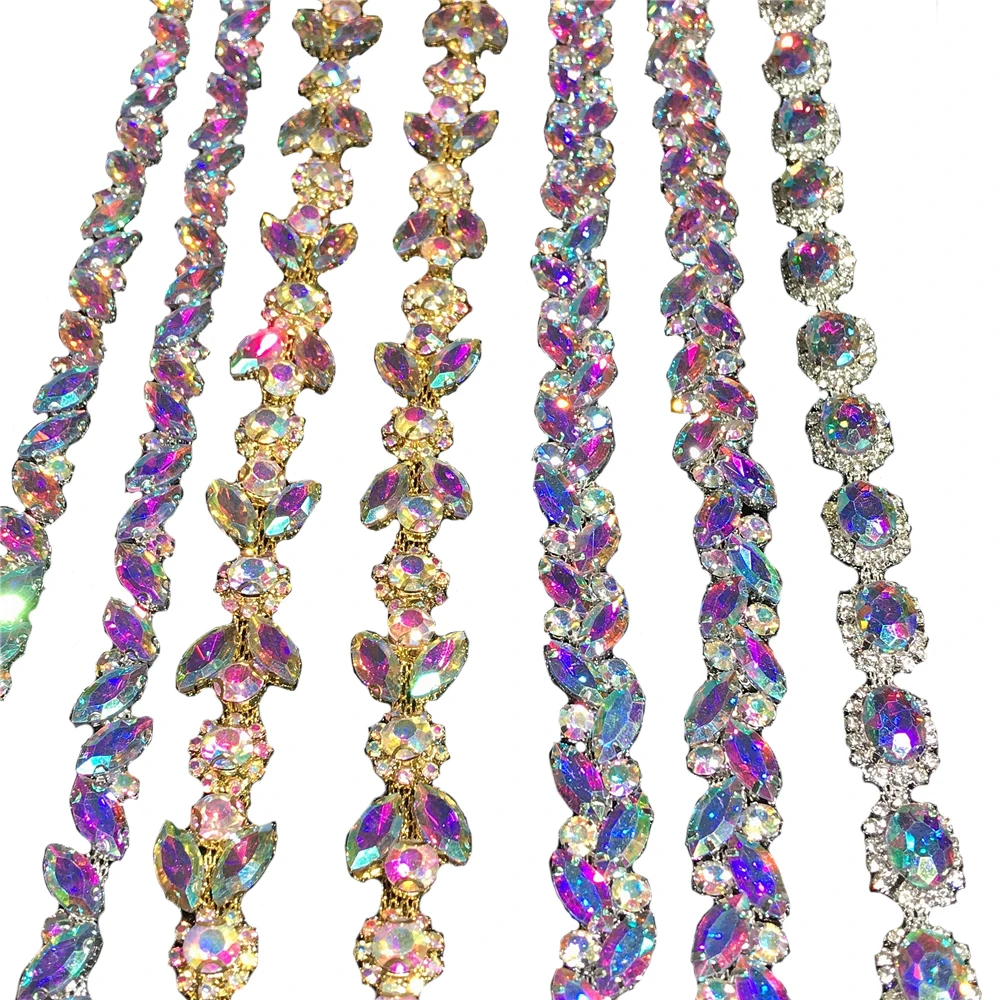 1 Yard Rhinestone Flower Chain Trimming Crystal Ab Color Horse Eye Oval Glass Diamond Sew On Clothing Wedding Dress High Heels