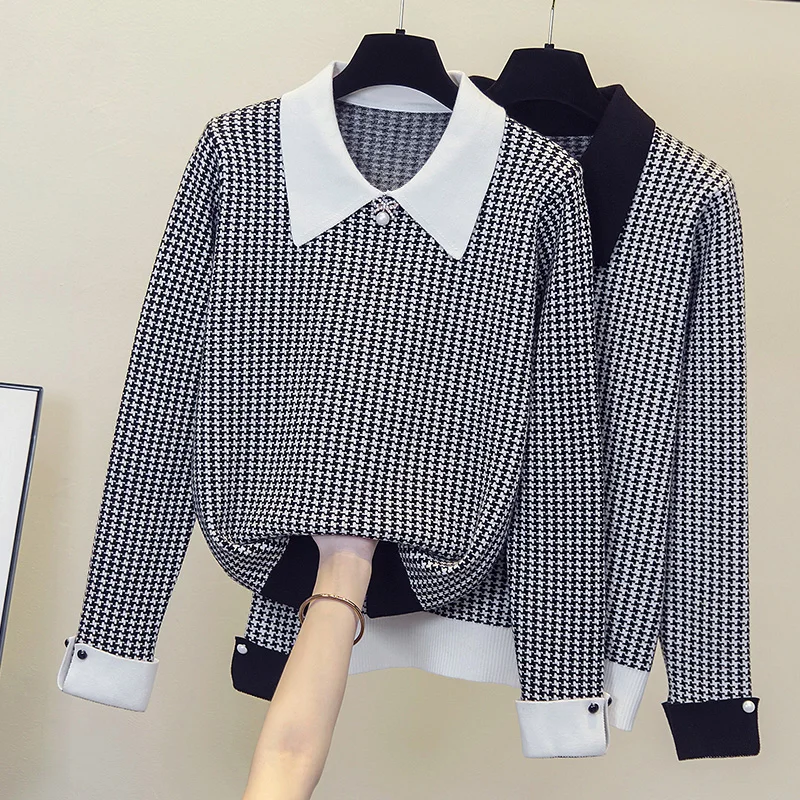 

M-4XL elegant vintage plaid kintting winter thick sweater pullover 2021 long Sleeve Beading autumn sweaters jumper