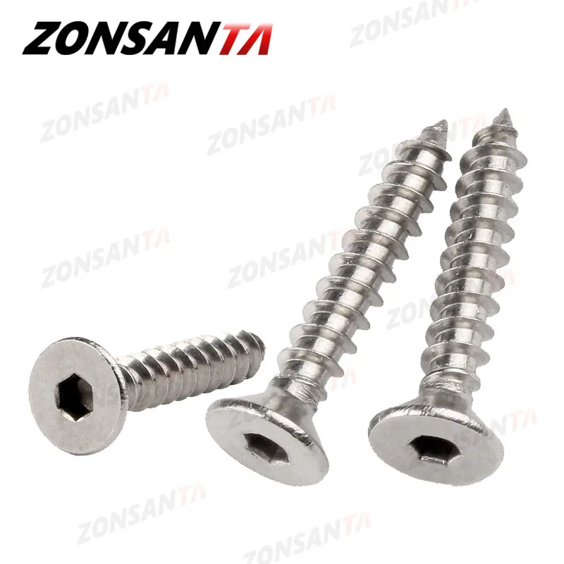 ZONSANTA-tornillo de rosca de cabeza avellanada M3 M4 M5, hexagonal, de acero inoxidable 304, cabeza Allen plana, para madera