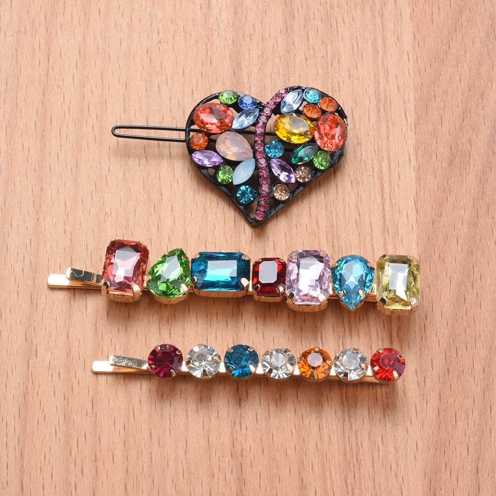 3Pcs Colorful Rhinestone Hair Clips Set Heart Shaped Sparkly Crystal Hair Barrettes For Women Girls Daily Party Fashion Jewelry