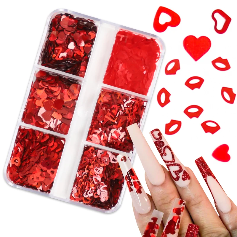 6 Grids Nail Glitter Valentine's Day Love Heart Shape Nails Glitter 3D Mixed Flakes Paillette Manicure DIY Nail Art Accesoires