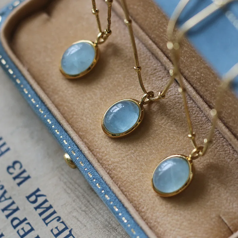 E.B.belle Ladies Jewelry Gift Stainless Steel Gold Plated Beads Chain Vinatge Oval Aquamarine Stone Pendant Necklaces for Women