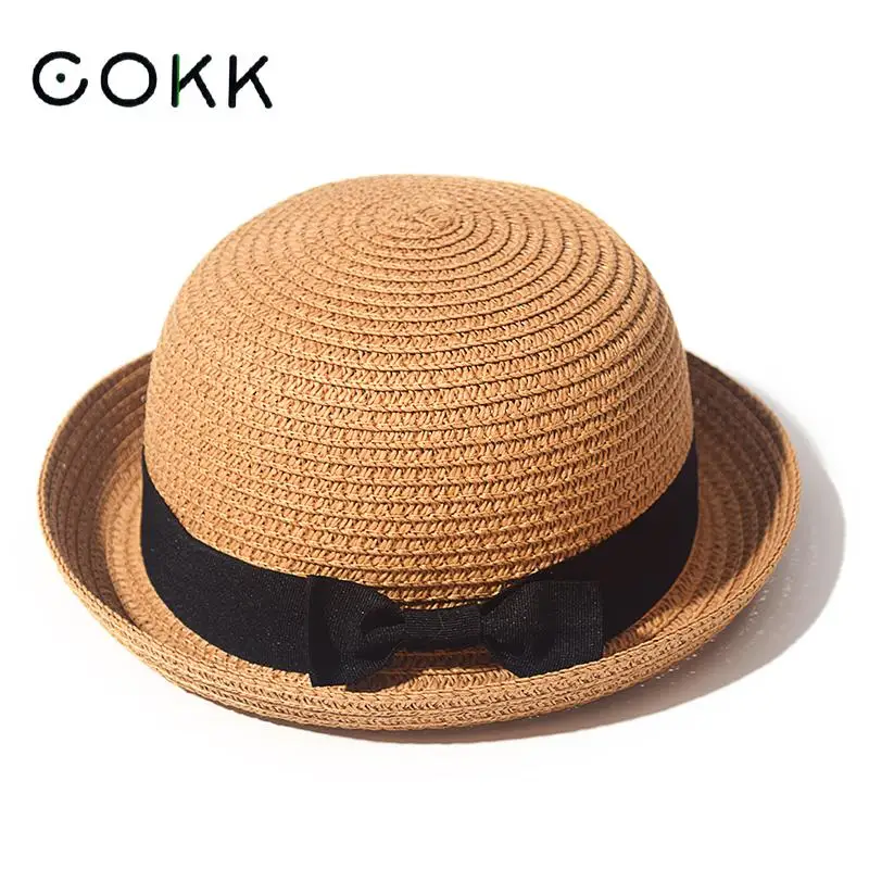 COKK-sombreros de paja con protección solar para mujer, sombrero de paja con visera rizada, redondo, de verano, para padres, hijos y estudiantes