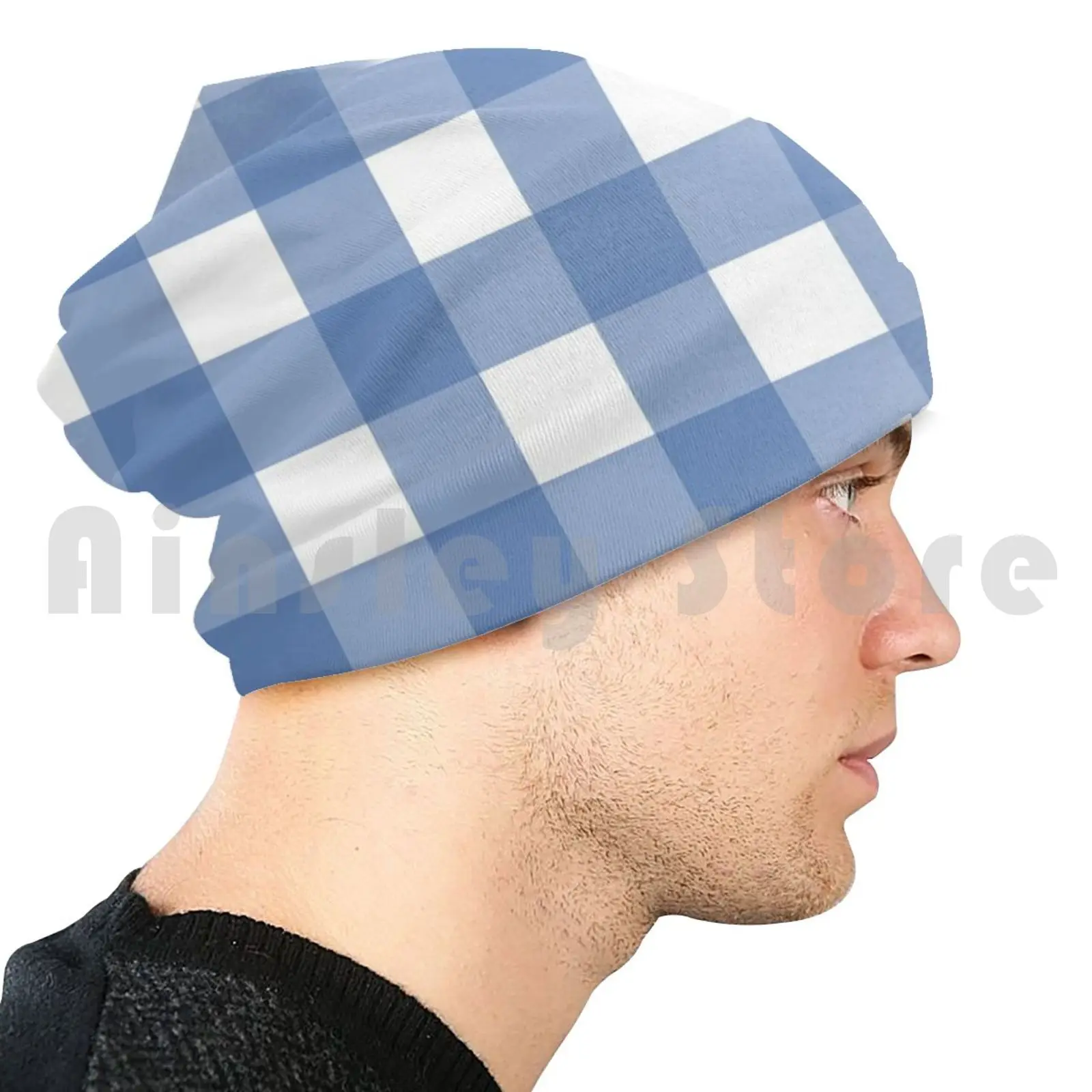 Chambray Blue Buffalo Plaid Beanies Knit Hat Hip Hop Chambray Blue Buffalo Blue Checkered Blue And White image 3