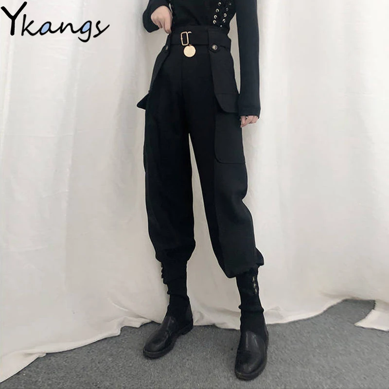 Con la Cinghia Con Tasche e Bottoni Slim Cargo Pantaloni Delle Donne A Vita Alta Vintage Harajuku Streetwear Pantaloni Stile Harem Gotico Qualità Pantaloni Femminile