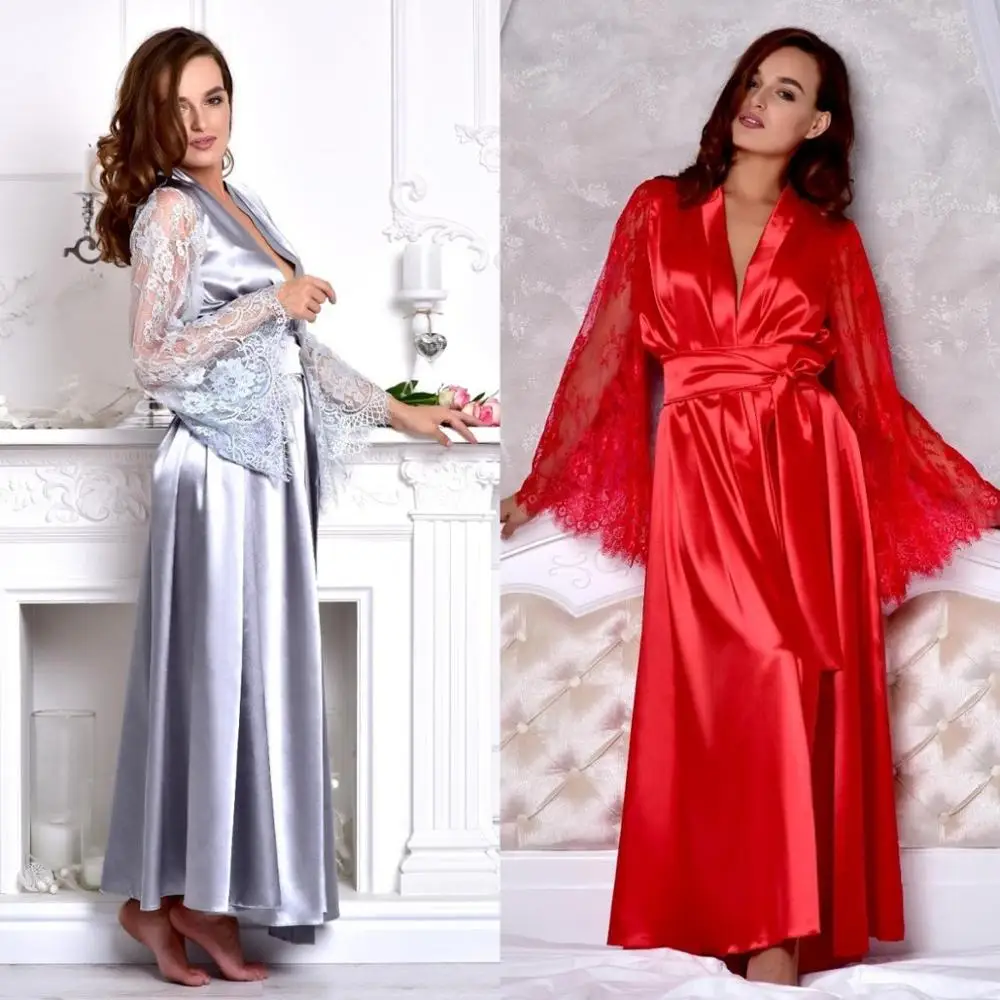 Robe De Mariée Women Bathrobe Ankle Length Custom Made Sleepwear Satin with Illusion Sleeves Nightgown